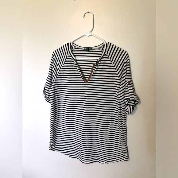 Tops - Ace & Ally Classic Black and White Striped Women's T Shirt Rolled Sleeves